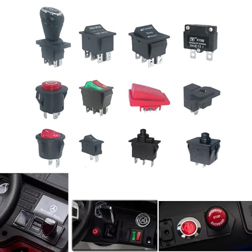 14PCS Set of Switch Kit for Power Wheels Kid's Ride on Toys Replacement Parts, Foot Pedal/Forward Stop Backward Shift/Push Button Power Supply/Reverse Handle Gear/High&Low Speed/Charging Port/Fuse