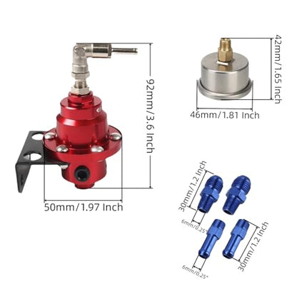 1Pc Universal Adjustable Fuel Pressure Regulator with 1Pc Oil Filled Gauge & 4 Fitting Connectors for Most Cars and Trucks(Red)