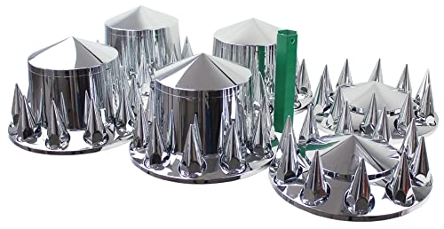 Chrome ABS 33 mm Thread-On Spiked Axle Cover Combo Kit with Removable Hub Caps and Lug Nut Covers for Semi Truck