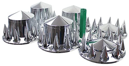 Chrome ABS 33 mm Thread-On Spiked Axle Cover Combo Kit with Removable Hub Caps and Lug Nut Covers for Semi Truck