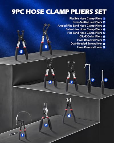 OMT Hose Clamp Pliers, 9Pc Automotive Remover Set With Flexible Wire - color: Black