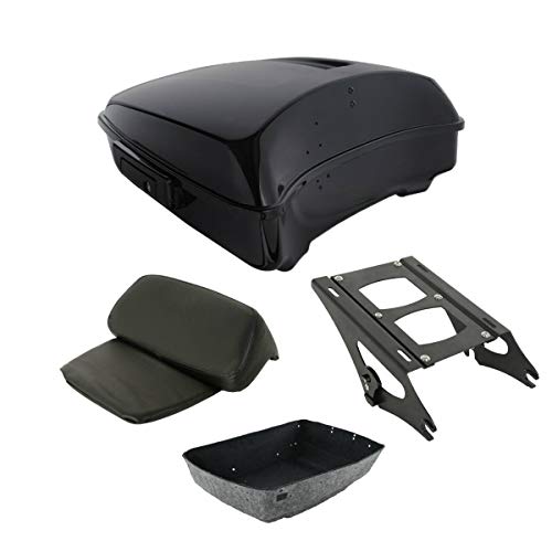 TCT-MOTORPARTS Completed Black Chopped Tour Luggage Trunk Bracket &Mounting Backrest Fit for 2014-2025 Harley Road Glide Street Glide Special Ultra Limited - color: Gloss Black Chopped Trunk+Black Rack