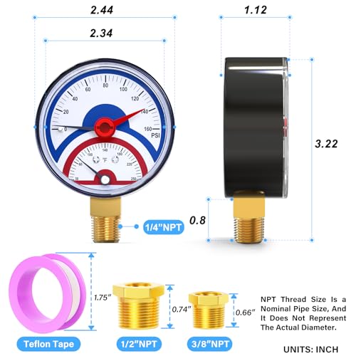 MEANLIN MEASURE 0-160Psi Thermal Pressure Gauge,0-250℉ 1/4" NPT 2.5" FACE DIAL, Boiler Temperature Pressure Gauge with Reset Pointer, with 1/2" NPT and 3/8" NPT Hex Bushing, Lower Mount - size: Lower Mount, style: Dry