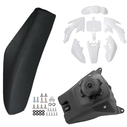 Durable ABS Plastics Kit with High Elasticity Black Tall Seat & Fuel Gas Tank for CRF50F XR50R CRF XR 50 SSR Chinese 110cc 125cc Dirt Pit Bike Body Work Fairing Kit & Bolts (White) - color: White