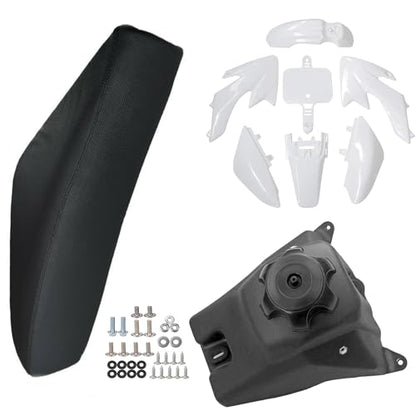 Durable ABS Plastics Kit with High Elasticity Black Tall Seat & Fuel Gas Tank for CRF50F XR50R CRF XR 50 SSR Chinese 110cc 125cc Dirt Pit Bike Body Work Fairing Kit & Bolts (White) - color: White