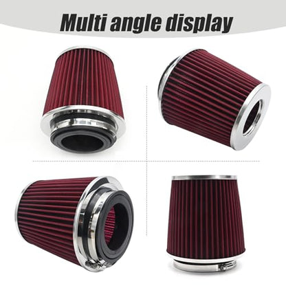 Anxingo Universal Clamp-On Air Filter for 3/3.5/4 inch High Performance Replacement Air Filter, Washable and Reusable Cone Cold Air Intake,Clamp-On Car High Flow Dry Air Kit (Red)