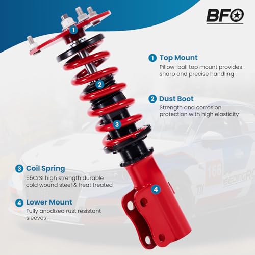 BFO Coilovers for Mitsubishi 3000GT FWD 1991-1999, for Dodge Stealth FWD 1991-1996, Height Adjustable Coilovers Suspension Kit, Preset Damping Shock Absorber Struts, Lowering Kit Red
