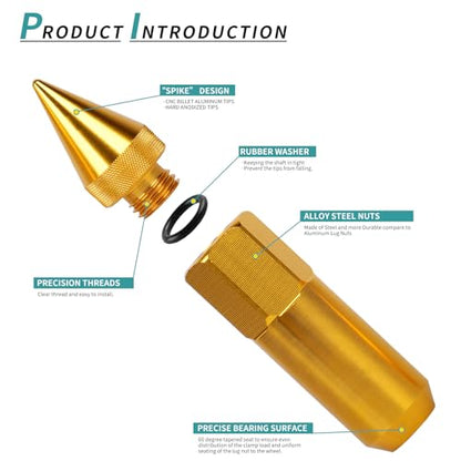 M12x1.5 Spikes Lug Nuts 20pcs 60mm Aluminum Wheel Nuts - color: Gold