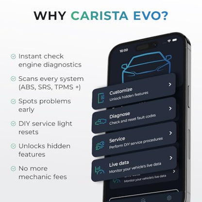 Carista EVO - Bluetooth OBD2 Scanner - Car Diagnostic Tool & Code Reader with Access to Diagnostics, Customizations, Service Tools & Live Data (Subscription Required)