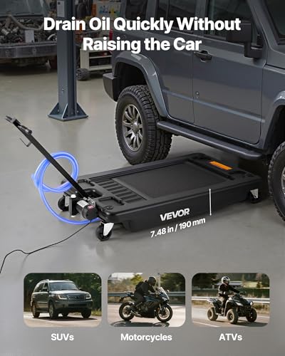 VEVOR Low Profile Oil Drain Pan, 17 Gal Capacity, Rolling Oil Drain Pan with 110V High-Flow Electric Pump, 7.2 ft Hose & T Folding Handle, Leak-proof & Corrosion-resistant, Fit for Trucks, ATVs, Black