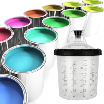 YAYODS 25 Pack Disposable Paint Sprayer Gun Cup Liners and Lid System for Spray Gun, Paint Cups 22 Ounce (650ml) Kit with 25 Mixing Cup Liners, 25 Lids, 10 Plugs, 1 Hard Cup with Retainer Ring