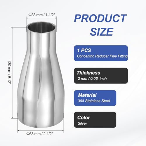 PATIKIL Concentric Reducer Pipe Fitting, 2-1/2"(63mm) to 1-1/2"(38mm) OD 304 Stainless Steel Butt Weld Tube Long Reducer Exhaust Pipe for Food Beverage HVAC Plumbing, Silver - size: 2-1/2" to 1-1/2" OD
