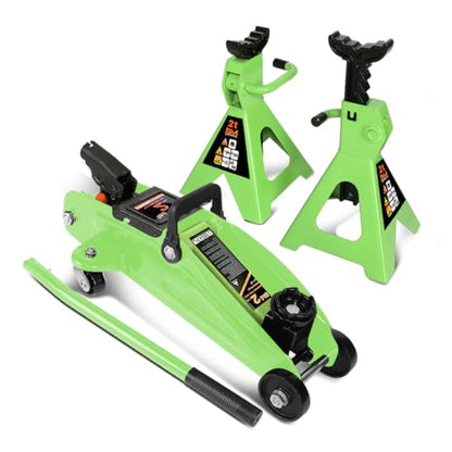 PM PERFORMOTOR Low Profile Hydraulic Trolley Service/Floor Jack Combo with 2 Ratchet Jack Stands, 2 Ton (4000 lbs) Capacity, Green,PM-TOL-FJ3P-GR - color: Green