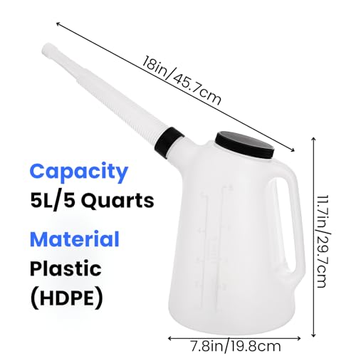Hacaroa 5 Quart Plastic Engine Oil Jug with Long Spout Non-flammable, Graduated Motor Oil Meauring Container Dispenser with Lid&Handle, Empty HDPE Bottle for Lubricant, Bleach, White