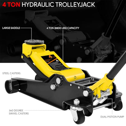 DNA Motoring Low Profile Hydraulic Trolley Service/Floor Jack, 4 Ton (8000 lbs) Capacity, Lifting Range 4.5"-20", Yellow, TOOLS-00307-YL - color: Yellow, style: 4 ton