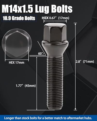 GAsupply M14x1.5 Lug Bolts 45mm Shank, 17mm Hex Conical Seat Black, 20pcs - color: Black, size: 45mm Shank Acron Seat