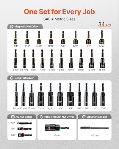 VEVOR Master Magnetic Impact Nut Driver Set 34-Piece, Metric & SAE Sizes, with Nut Setter, Quick Release Extension, Wing Nut Driver, Storage Box, Versatile for Automotive, Machinery, and DIY Tasks - size: 34 pcs