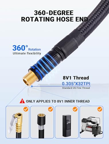 Upgraded Tire Inflator Hose Adapter w/360° Rotating End, 21'' Tire Inflation Hose w/Self-Locking Air Chuck for Quick Connect & Release, Presta Valve & Ball Needle for Tire Pump Portable Air Compressor