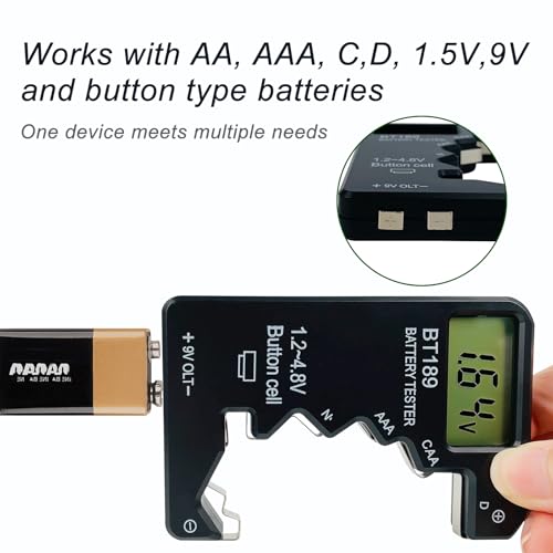 ZUFECY Digital Battery Tester, LCD Screen Voltage Checker for AA AAA C D 9V 1.5V Batteries, Portable Household Battery Tester Tool, Black