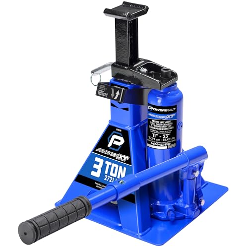 POWERBUILT 3 Ton All-in-One Hydraulic Bottle Jack and Jackstand in One, Compact, Wide Base, 11-21 Inch Range, Eliminates Jackstands, for Trucks, SUVs, RVs, Trailers, ASME, Not for Sedans - 640912 - color: blue