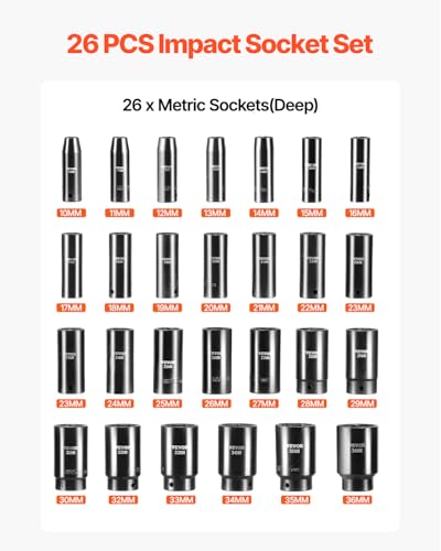 VEVOR 1/2" Drive Impact Socket Set, 26 Piece, Metric 10 to 36 mm - size: 1/2" 26 PCS