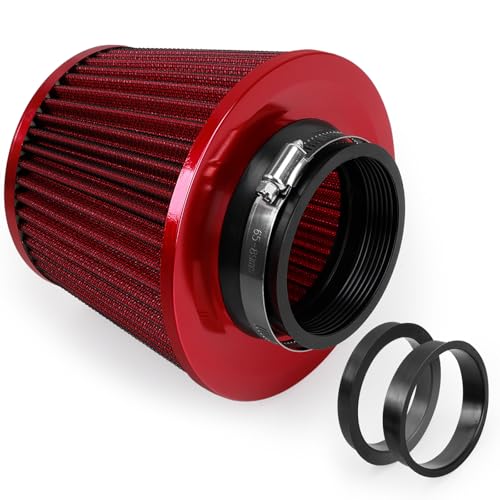 3" Cold Air Intake Filter with 65mm/2.55", 70mm/2.75" Reducer Ring Flange Diameter 3inch/76mm Air Intake Filter Kit - Red - color: red