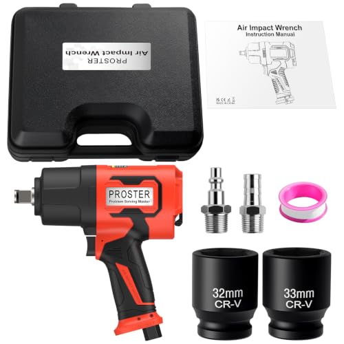 Proster 1" Air Impact Wrench - 2400ft-Lbs Torque 7000RPM w/ 32/33mm Sockets - size: 1 Inch