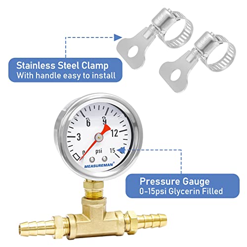MEASUREMAN Fuel Pressure Gauge Kit 0-15Psi Stainless Steel Glycerin Filled, 1-1/2" Dial Size, with 5/16" Fuel Line Fuel Pressure Brass T-Fitting Adapter, Lower Mount - size: 0-15 psi, style: Lower Mount T-Fitting Adapter
