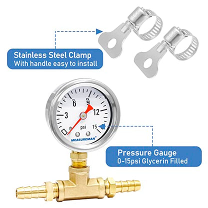 MEASUREMAN Fuel Pressure Gauge Kit 0-15Psi Stainless Steel Glycerin Filled, 1-1/2" Dial Size, with 5/16" Fuel Line Fuel Pressure Brass T-Fitting Adapter, Lower Mount - size: 0-15 psi, style: Lower Mount T-Fitting Adapter