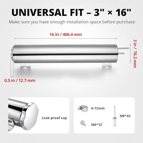 EVIL ENERGY Radiator Overflow Tank, Stainless Steel Coolant Reservoir Tank 3" x 16", Universal Coolant Expansion Tank with Cap, Polished Coolant Recovery Reservoir - size: 3"x16"
