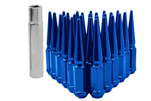 Venum wheel accessories 32pc Blue Spike Lug Nuts M14x1.5 4.5" Tall Solid Steel Special Design Locking Socket Key | Fits 2012-2017 Chevy 2500 3500 Aftermarket Wheels