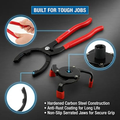 Adjustable Oil Filter Pliers, Oil Filter Removal Tool with 12 Inch Pliers and 3-Jaw Wrench, Automotive Maintenance Tool for Engine Filters, Cars and Trucks