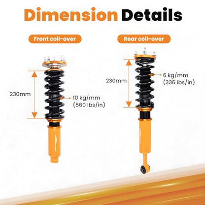 maXpeedingrods Coilovers for Honda Accord CM4/CM5/CM6/CM7/CM8 2003-2007, for Acura TL 2004-2008, 24 Levels Damper Adjustable Coilovers Suspension Kit, Height Adjustable Lowering Kit, Gold