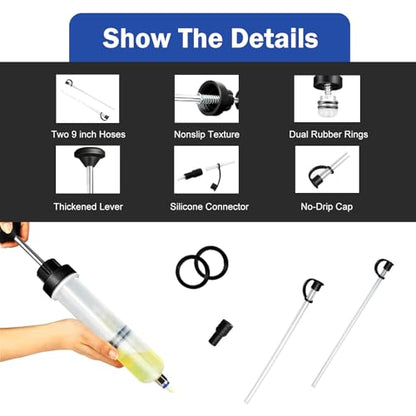200CC Automotive Fluid Extractor Pump, Manual Car Oil Change Syringe with 2 Suction Tubes, Multi-Purpose Brake Fluid Evacuator Manual Suction Pump, Universal for Cars SUVs Trucks (White)