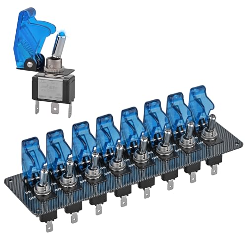 8 LED Racing Car Toggle Switch Panel 12V DC, Carbon Fiber Coated Aluminum Plate, Safety Cover Protection, Suitable for car, Truck, Ship Modification (8 Blue Switches) - color: Blue