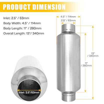 2.5" Universal Resonator, Straight Through Performance Muffler, 4.5" Body Width, 13" Overall Length, 304 Stainless Steel Welded On Resonator Muffler, Polished - size: 2.5-4.5" Inlet 13" Overall Length