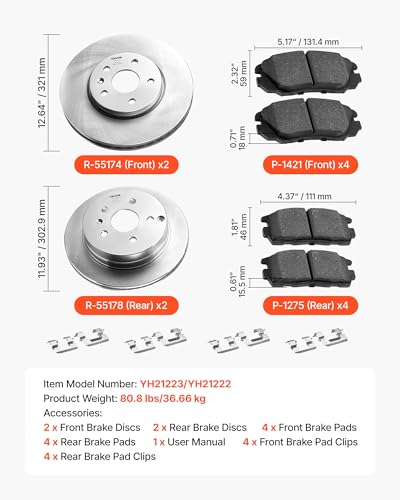 VEVOR Front and Rear Brake Kit Compatible with 2010-2017 Chevrolet Equinox, 2010-2017 GMC Terrain, Hollow Brake Rotors Ceramic Brake Pads Replacement Kit, 12.7 in Front Rotors, 12 in Rear Rotors - size: R-55174 + R-55178