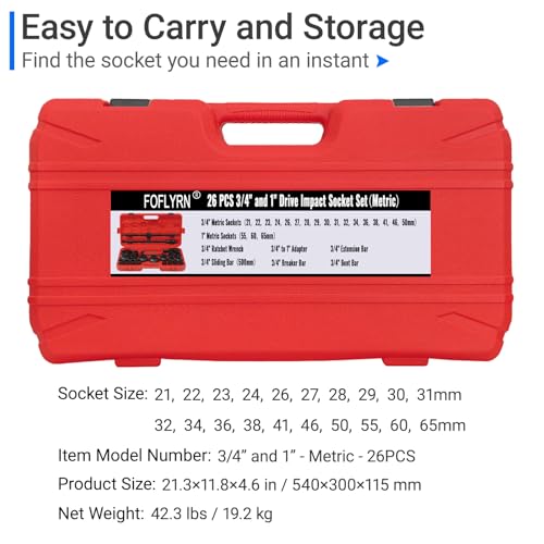 3/4" and 1" Drive Impact Socket Set, 26-Piece,Metric 21-65mm.