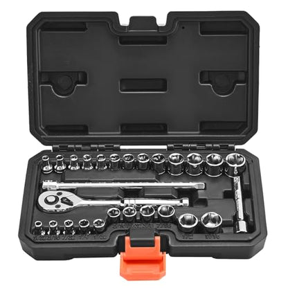 VEVOR Socket Set, 27 Pieces, 1/4 inch Drive Socket and Ratchet Set, SAE and Metric, Mechanic Tool Kit with Ratchet Wrench, Extension Bar and Storage Case, CR-V Alloy Steel, for Automotive Repair - size: 27-PCS