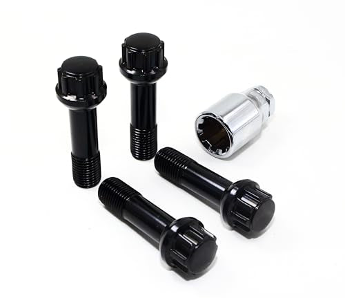Set of 4 Veritek 14x1.5mm 2.75 Inch Length 45mm Shank 17mm 19mm Key Hex OEM Black Ball Seat Wheel Bolt Locks for Mercedes Factory Wheels R12
