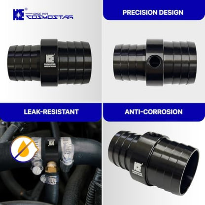 Cosmostar 1-1/4" to 1-1/2" Radiator Hose Barb Coupler Adapter with 1/8" NPT Steam Port for LS Swap – Aluminum Coolant Crossover Splice for Steam Vent Radiator Hose Fitting (Black)-NN2024N02