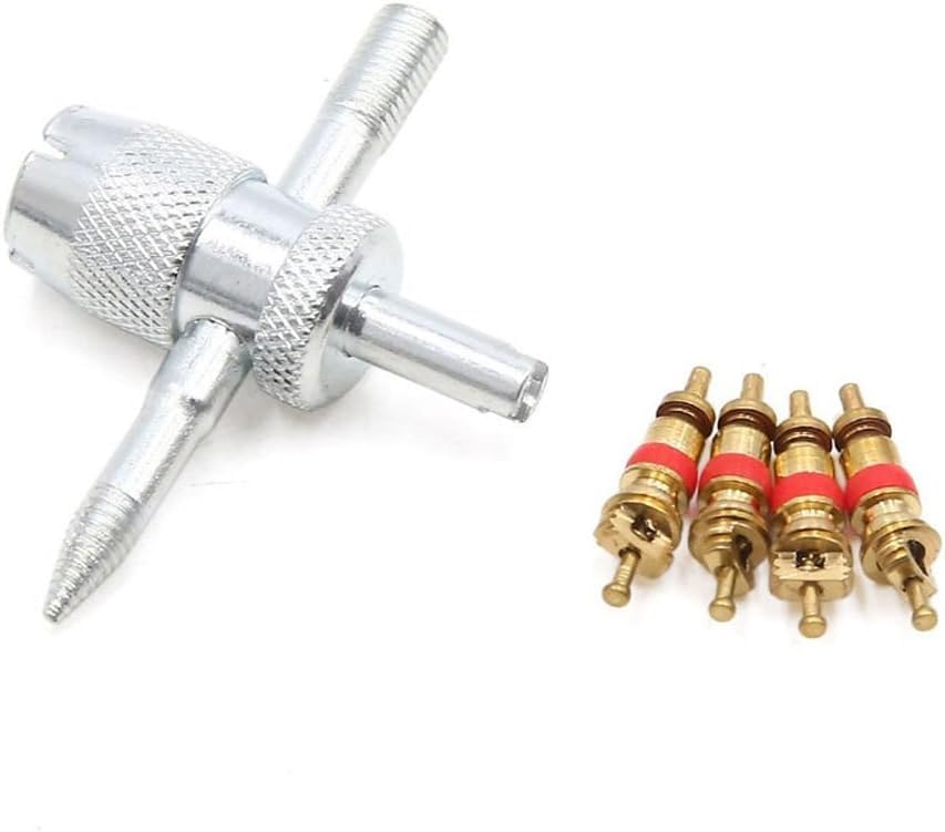 4-Way Tire Valve Core Tool Kit with 4 Brass Valve Cores - Multifunctional Tyre Valve Stem Remover Installer for Car, Motorcycle, Bicycle, Tire Repair & Emergency Roadside Use