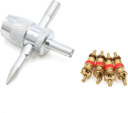 4-Way Tire Valve Core Tool Kit with 4 Brass Valve Cores - Multifunctional Tyre Valve Stem Remover Installer for Car, Motorcycle, Bicycle, Tire Repair & Emergency Roadside Use