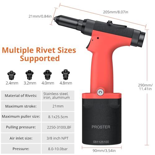 Proster Self-Suction Pneumatic Rivet Gun - Automatic Rivet Loading with 4 Nosepieces (3/32", 1/8", 5/32", 3/16"), 360° Swivel Air Hose Fitting for Automotive Marine Metal Fabrication - size: 4 Nozzles