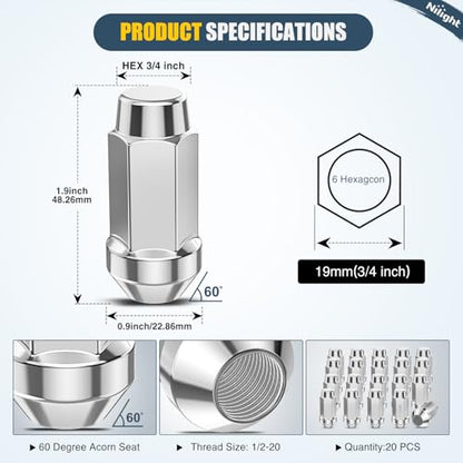 Nilight 20PCS 1/2-20 Lug Nuts Compatible with 1987-2017 Jeep Wrangler - color: Silver, size: 20PCS Explorer 1991-2020 Mustang 1994-2014