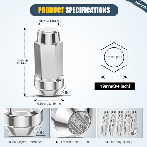Nilight 20PCS 1/2-20 Lug Nuts Compatible with 1987-2017 Jeep Wrangler - color: Silver, size: 20PCS Explorer 1991-2020 Mustang 1994-2014