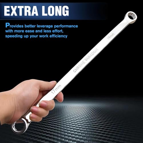 SPEEDWOX Double Box End Wrench 17 x 19 mm Extra Long Wrench Chrome Vanadium Steel Aviation Wrenches Metric 12 Point Extra 0 Degree Offset Polished Long Spanner Tools for Repairs, 17 Inch - size: 17*19