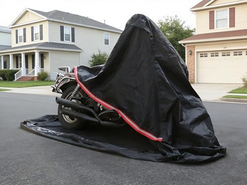 Full Enclosed Motorcycle Cover - Waterproof for Outdoor & Indoor Storage,600D Heavy Duty with Reflective Strips,Fits Scooters & Touring Motorcycles up to Length 108" x 45" x 59" Black - size: 108"Lx 45"Wx 59"H