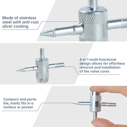 4 Pcs 4-Way Valve Core Removal Tool Stainless Steel Tire Valve Stem Tools 4-in-1 Valve Stem Removal Tool Valve Stem Puller for Bicycle Motorcycle Car