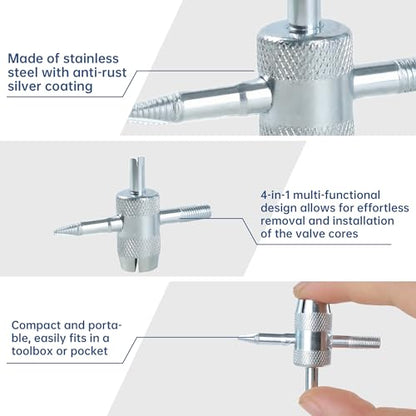 4 Pcs 4-Way Valve Core Removal Tool Stainless Steel Tire Valve Stem Tools 4-in-1 Valve Stem Removal Tool Valve Stem Puller for Bicycle Motorcycle Car